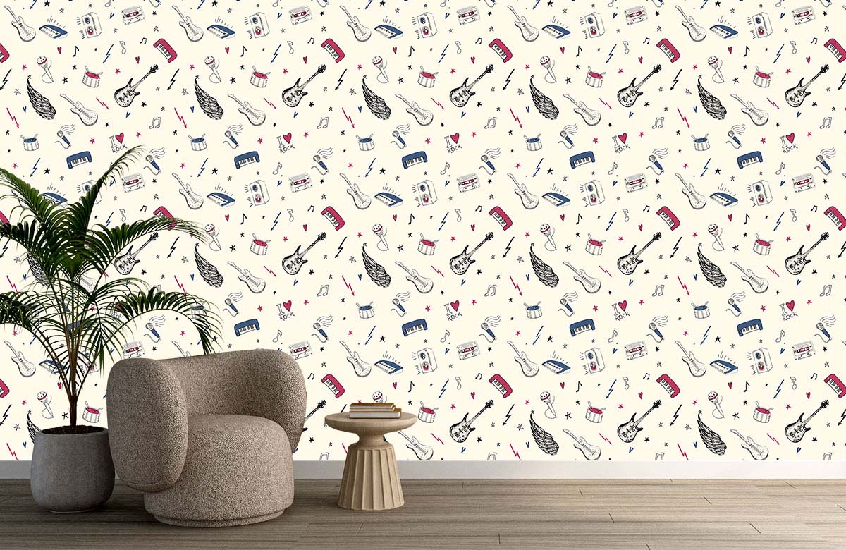 beige-kids-funky-musical-instruments-wallpaper-with-chair