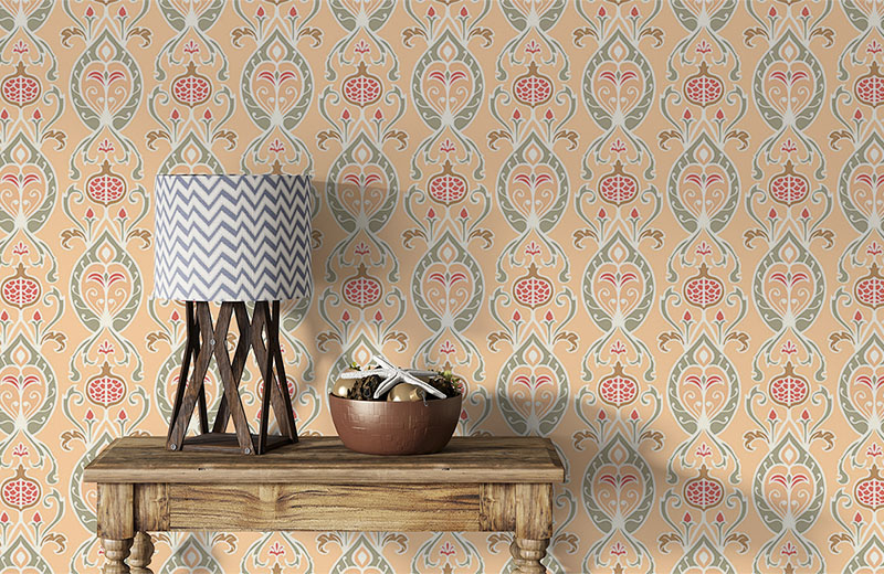 praying-temple-damask-wallpaper-with-side-table