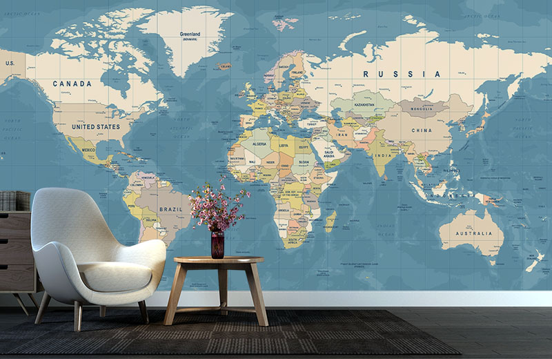 Blue Country Name World Map Wallpaper Mural | Morphico