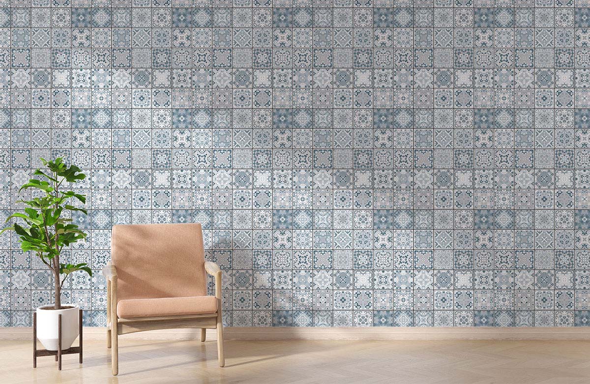 white-teal-mosaic-geometric-tile-wallpaper-with-chair