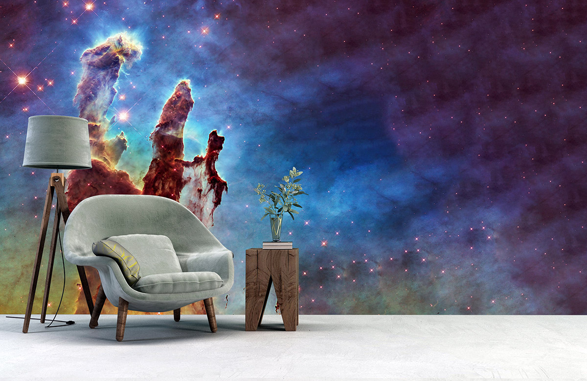 Premium Photo  The pillars of creation colorful gas nebula tiny specs of  bright white stars diffraction spikes on stars amazing beauty contrast  aquamarine and orange and purple color tones