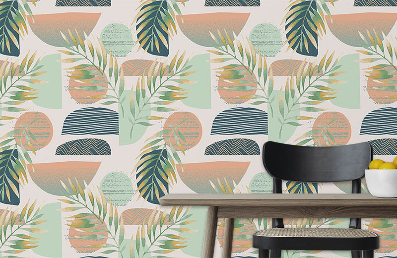 abstract-geometry-and-leaf-wallpaper-with-side-table