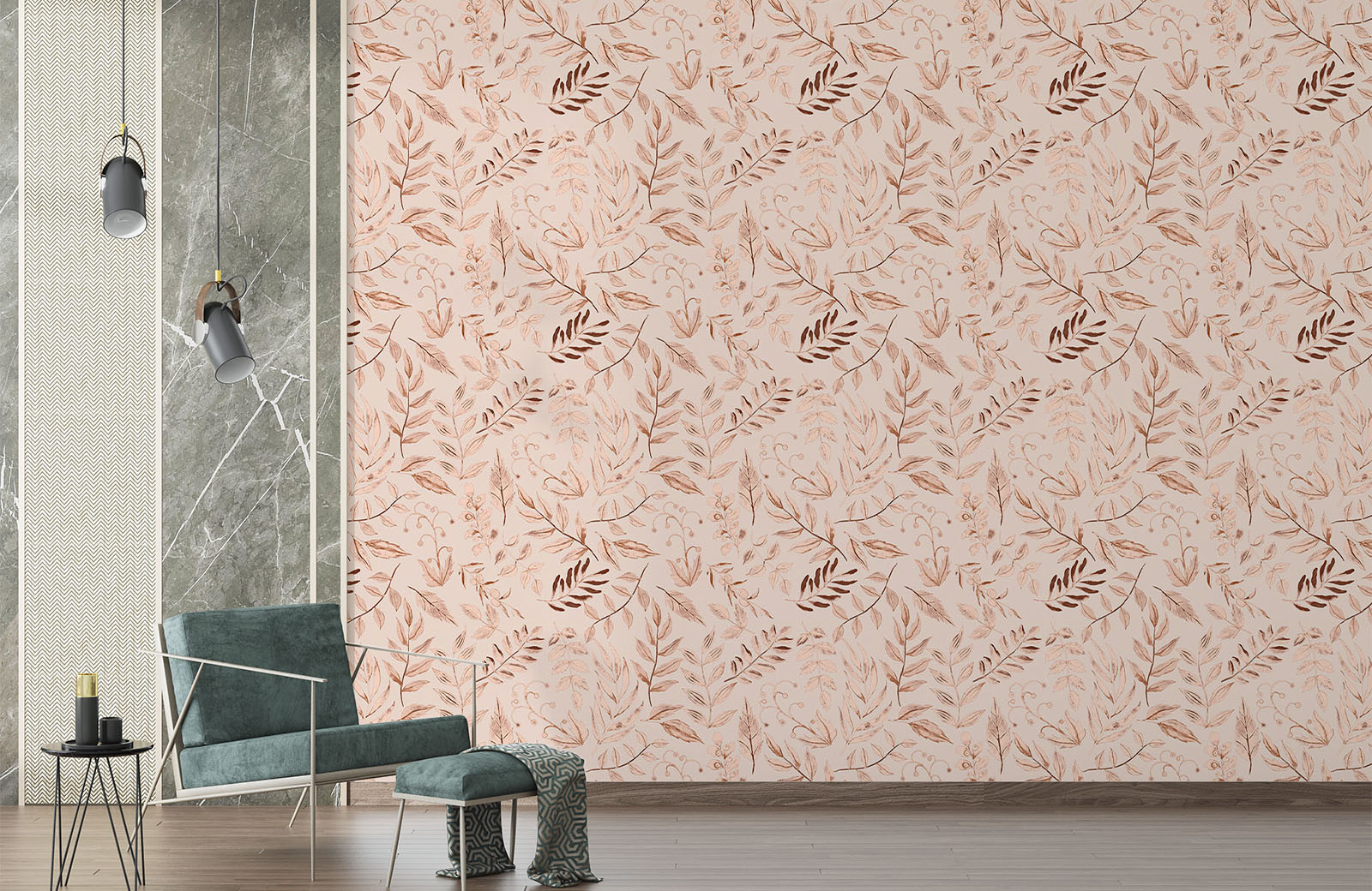 watercolour-leaf-branches-in-peach-wallpaper-with-chair