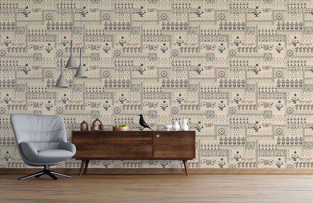 beige-indian-ikat-floral-art-wallpaper-with-chair