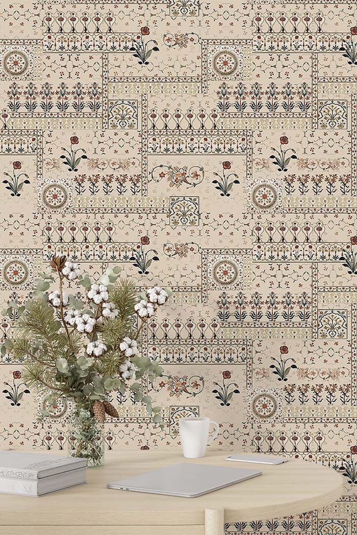 beige-indian-ikat-floral-art-wallpaper-detailed