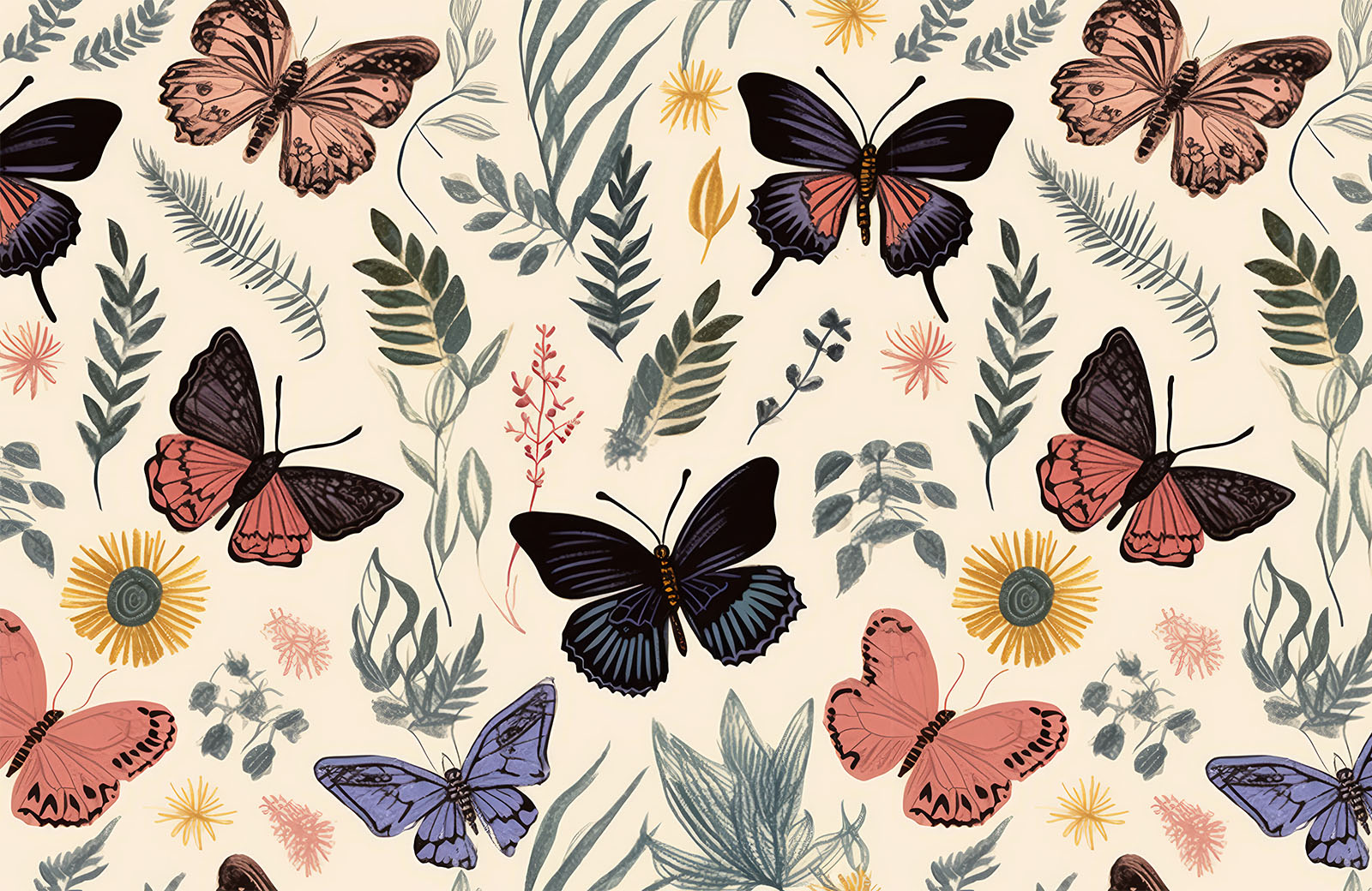 colourful-butterfly-and-leaf-branches-wallpaper-design