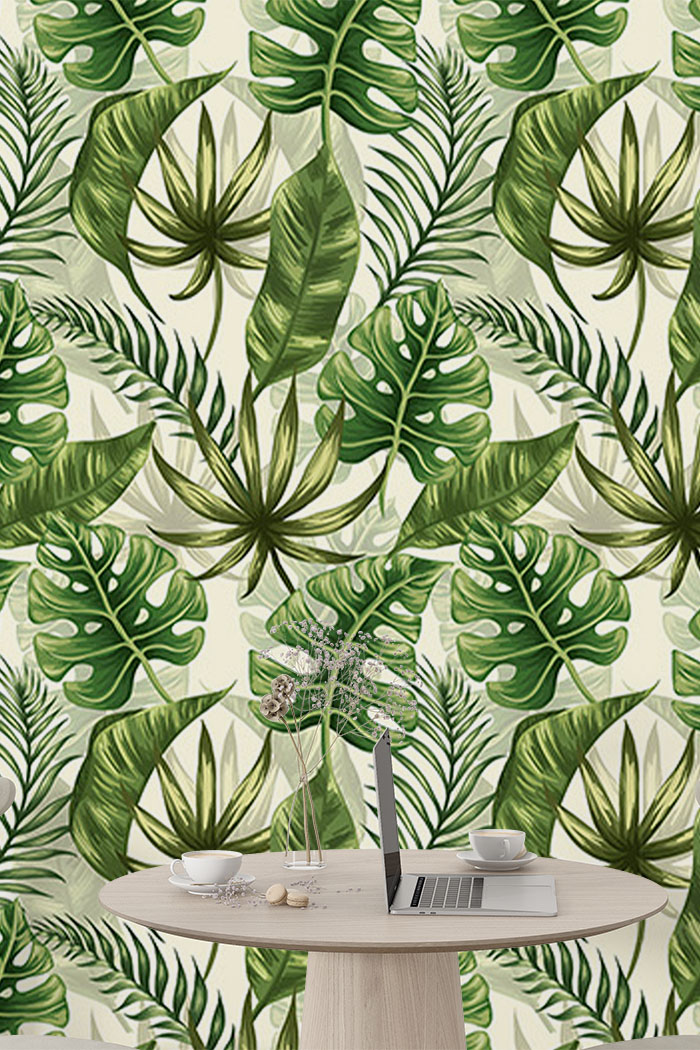 green-leaves-Seamless design repeat pattern wallpaper-with-side-table