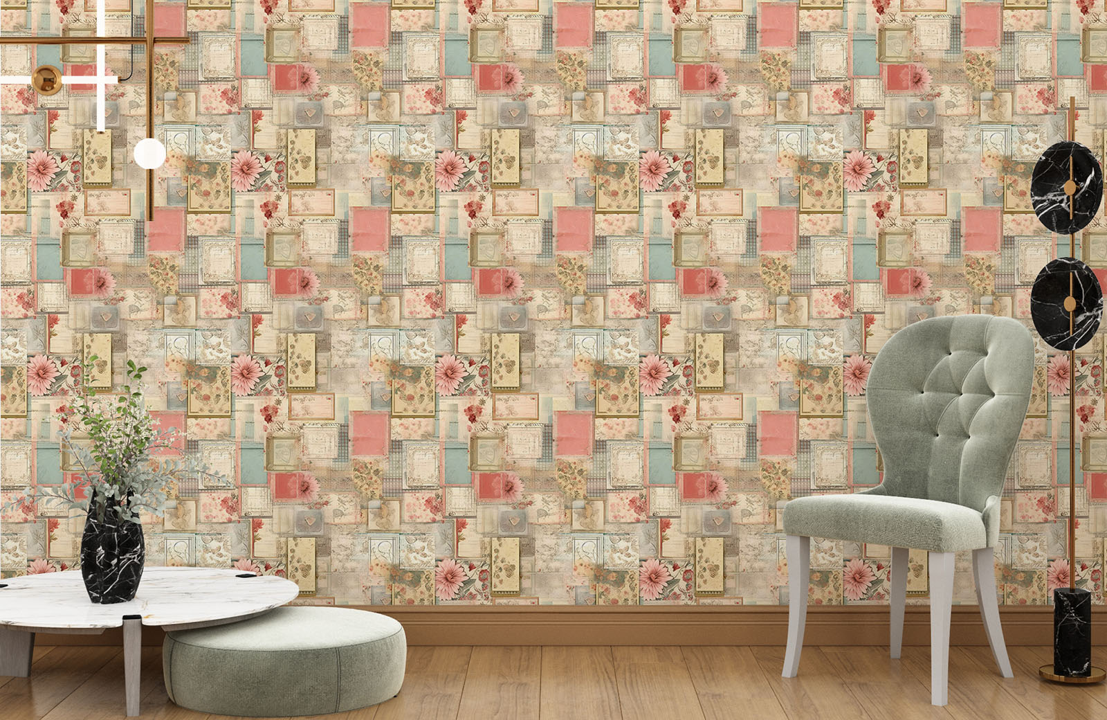 vintage-collage-of-pastel-green-cards-wallpaper-with-chair