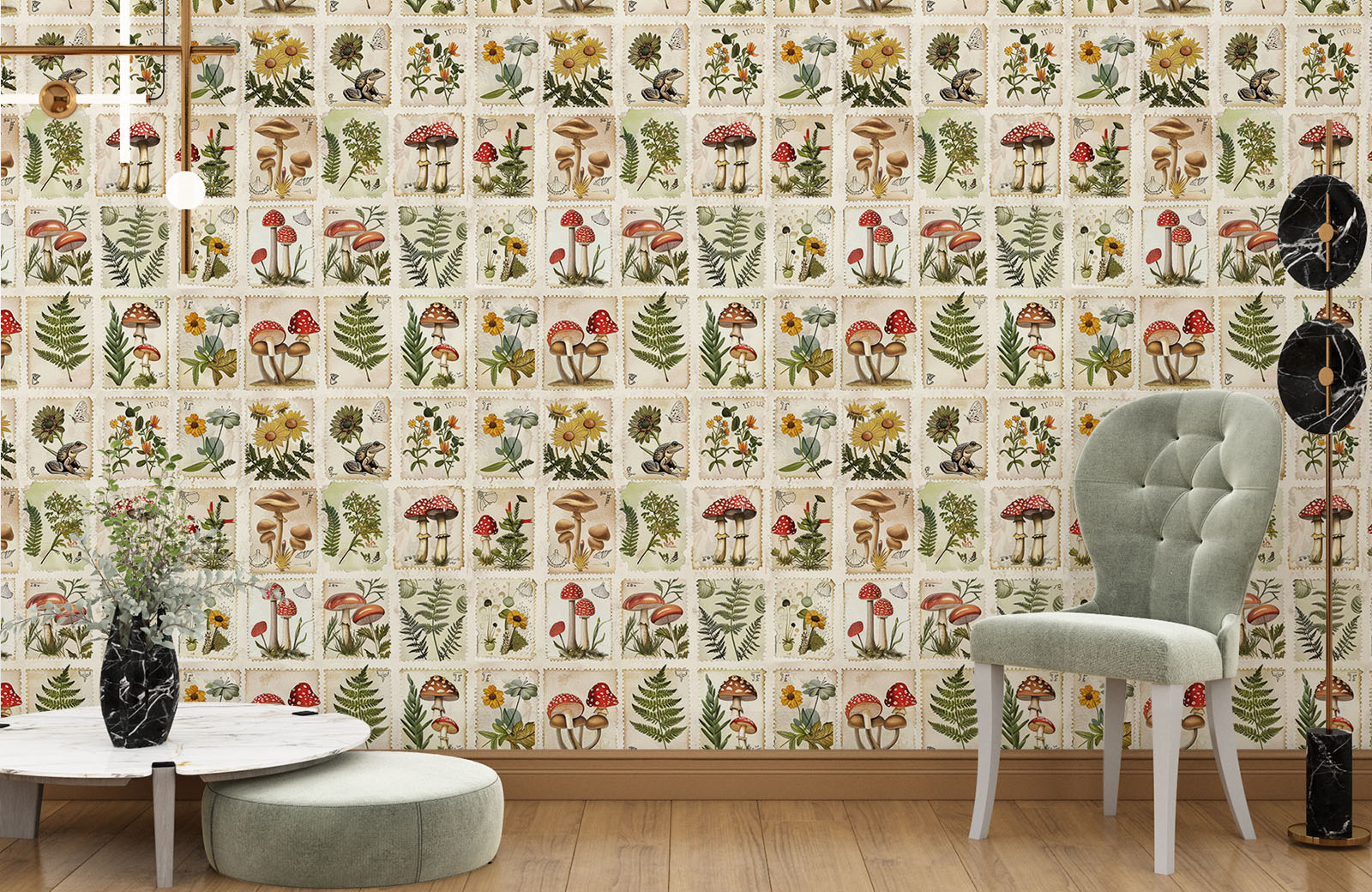 stamp-collage-of-botanical-design-wallpaper-with-chair