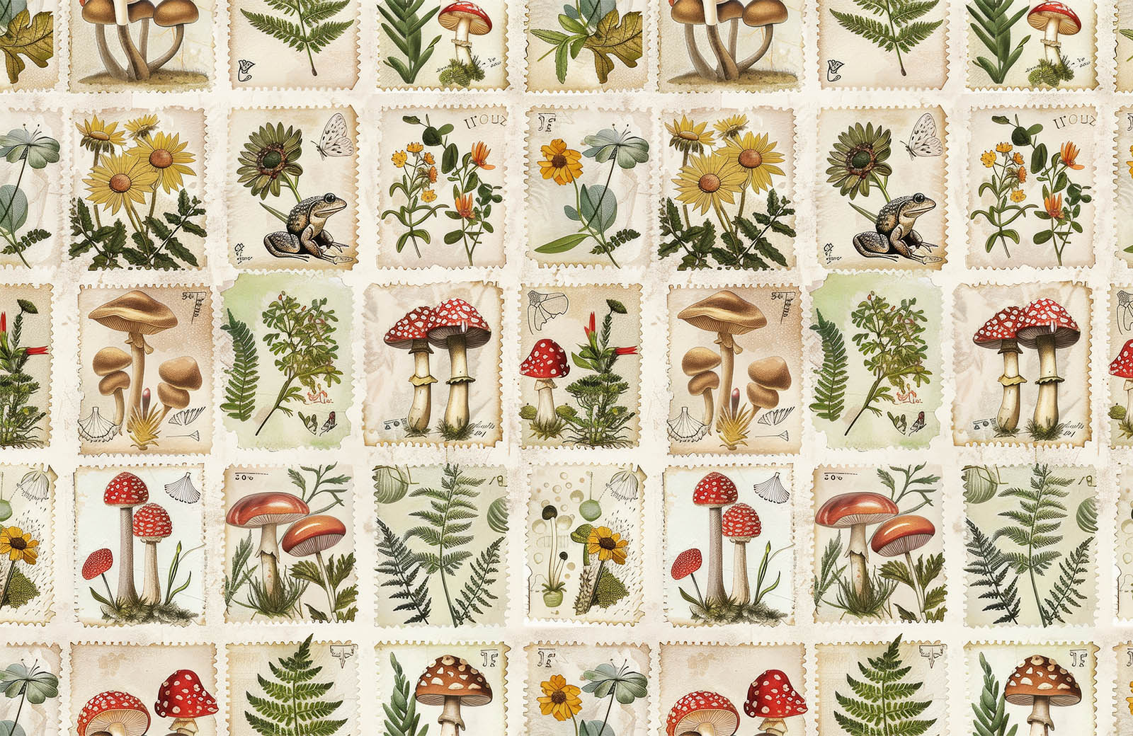 stamp-collage-of-botanical-design-wallpaper-design