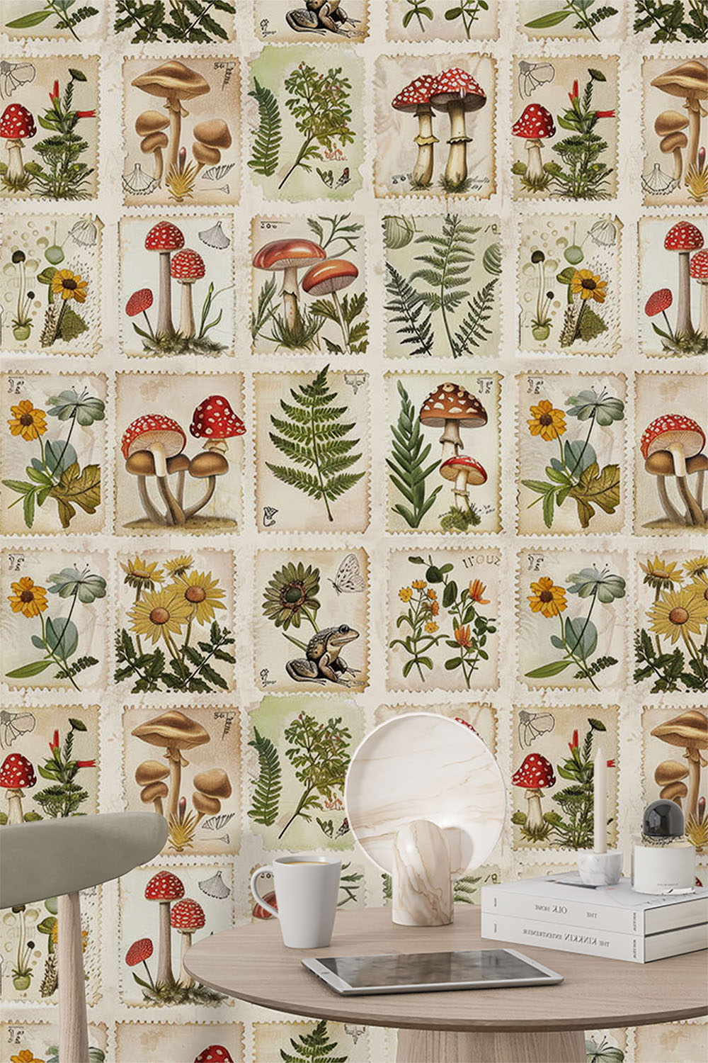 stamp-collage-of-botanical-design-wallpaper-sample