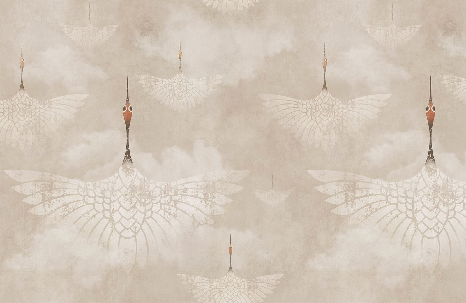 cranes-flying-in-clouds-beige-sky-wallpaper-design